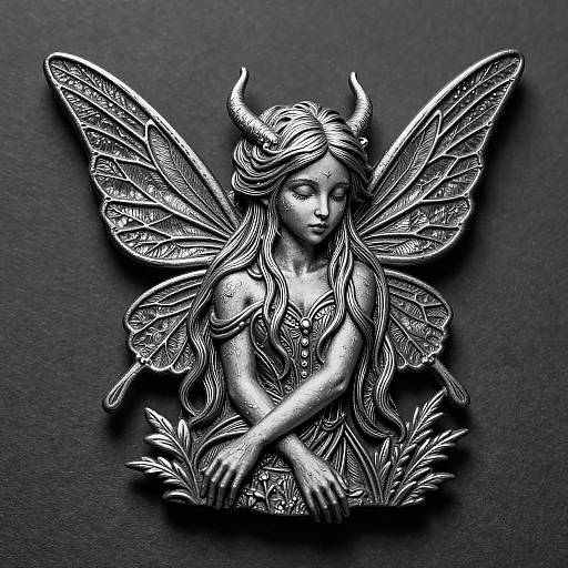 Silver-toned, intricately detailed, black and white fairy sculpture with horns, long flowing hair, delicate wings, and crossed arms, set against a