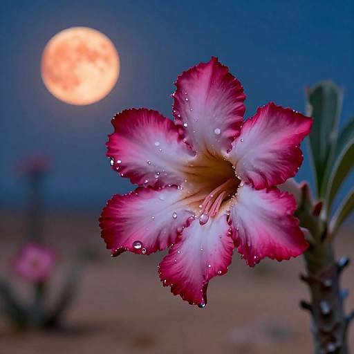 Photograph of a vibrant pink and white flower with water droplets, illuminated by a glowing full moon in a desert night sky.