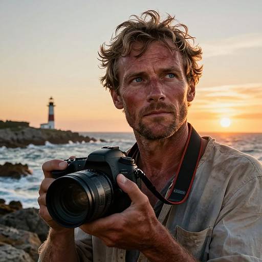 Photograph of a rugged, bearded man with messy hair, holding a camera, standing by a sunset-lit ocean with a distant lighthouse.