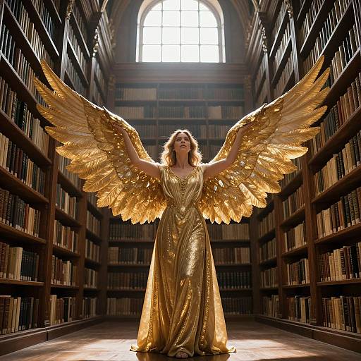 Photograph of a woman with golden wings and a shimmering gold gown standing in a dimly lit, towering library with bookshelves on both sides