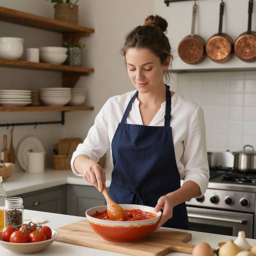 Photograph of a smiling woman with dark hair in a bun, wearing a white shirt and navy apron, stirring tomato sauce in a bowl on a