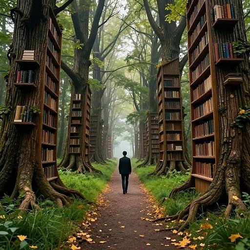 Photograph of a solitary figure walking down a path flanked by tall, tree-like bookshelves in a misty forest, with scattered autumn leaves