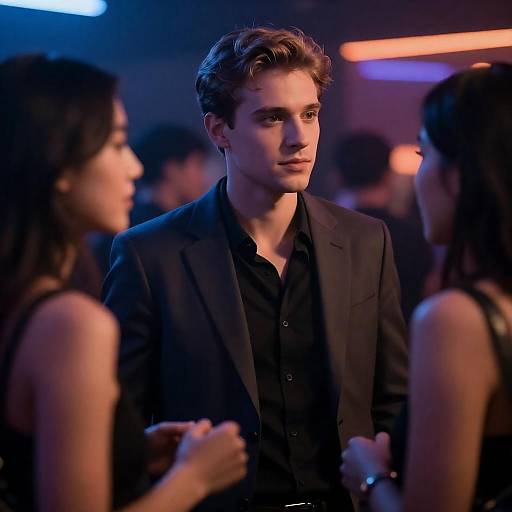 Photograph of a handsome young man with short brown hair, wearing a black suit and shirt, standing in a dimly lit, colorful nightclub, talking