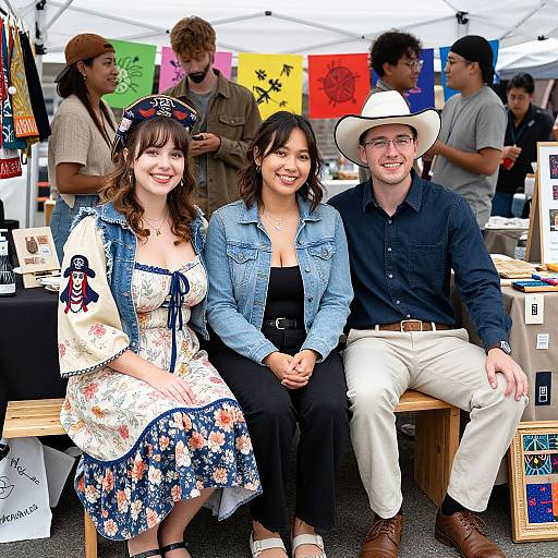 Photograph of three smiling people seated at an outdoor market: a woman in a floral dress and sailor hat, another in a denim jacket, and a