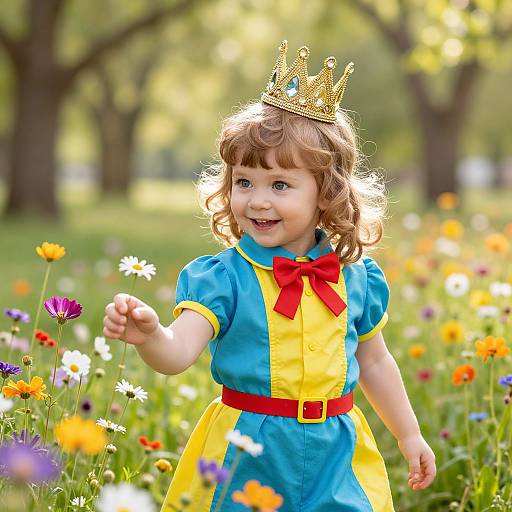 Photograph of a curly-haired toddler in a blue and yellow dress with red bow, gold crown, smiling, touching flowers in a sunny, colorful me