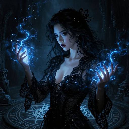 Dark-haired woman in black lace dress conjures blue magical flames, standing on glowing ritual circle in dimly lit, gothic cavern.