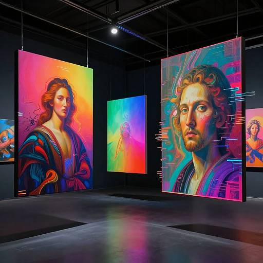 Bright digital artwork gallery: colorful, neon-lit portraits of a woman and a man with curly hair, modern abstract background, black room.