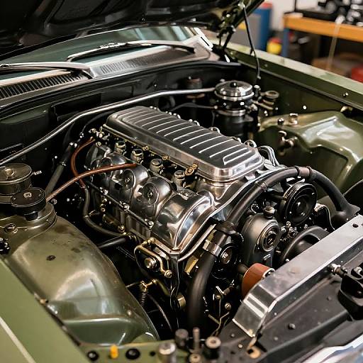 Close-up photograph of a polished, silver V8 engine with ribbed intake manifold, black hoses, and metallic components, set in a green engine bay