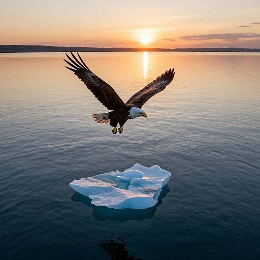 Photograph of a bald eagle with wings outstretched, flying over a small ice floe in a calm, reflective body of water at sunset.