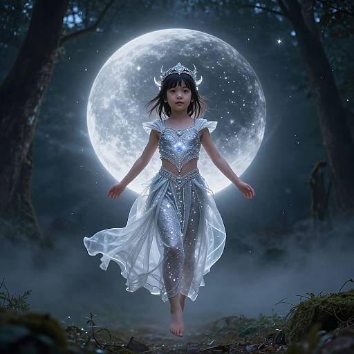 Photorealistic digital art of a young Asian girl with horns, dressed in a silver, glowing, ethereal dress, floating barefoot in front of
