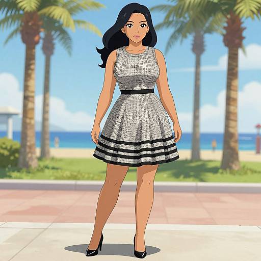 Digital anime-style drawing of a curvy woman with long black hair, wearing a white dress with black stripes, black heels, standing on a beachside