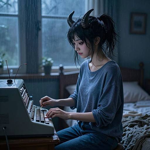 Photograph-style digital art of a young woman with black horns, messy hair, and blue sweater, playing a vintage keyboard in a rainy, blue-t