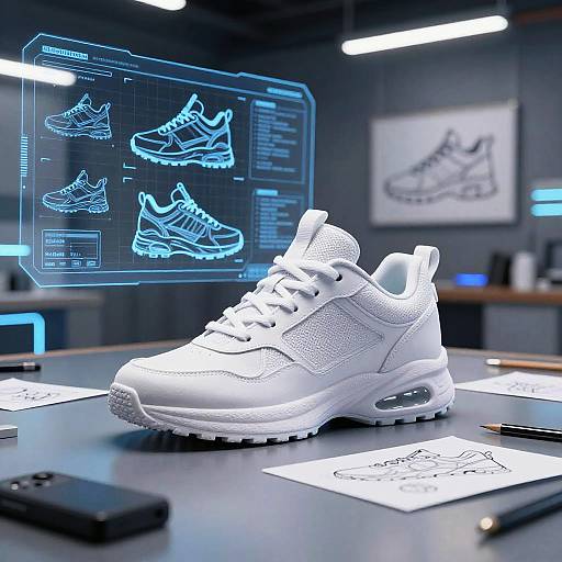 Futuristic Sneaker Design with Holographic Blueprints
