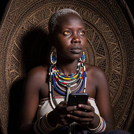 Photograph of a dark-skinned African woman with short gray hair, wearing colorful beaded necklaces and bracelets, holding a smartphone, against an intric