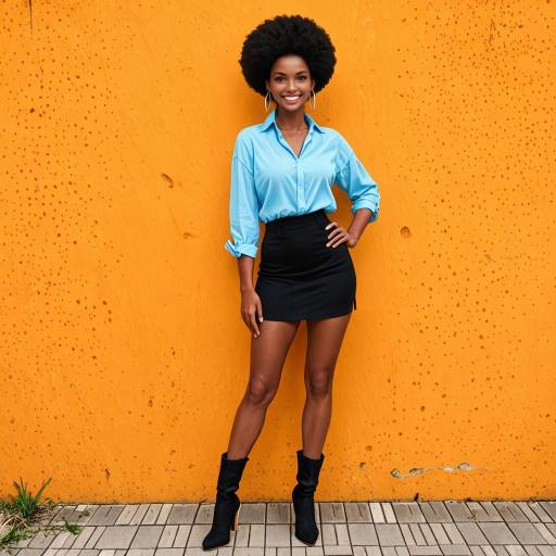 Smiling woman with afro hairstyle standing by orange wall