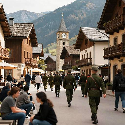Crowded Mountain Town with Soldiers