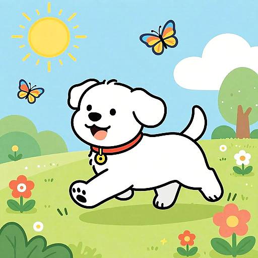 Cartoon white puppy joyfully runs in colorful, sunny meadow with butterflies, flowers, and trees, wearing a red collar and yellow tag.