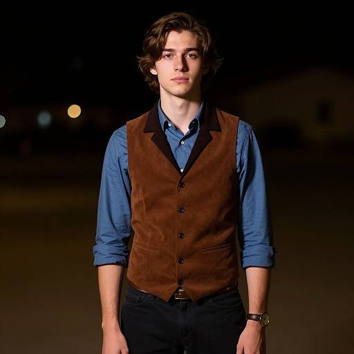 Photograph of a young man with wavy brown hair, wearing a blue shirt and brown velvet vest, standing against a dark, blurry background with faint