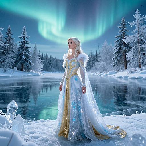 Digital artwork: Snowy forest scene with aurora borealis, a blonde woman in an ethereal, star-embellished white and gold gown