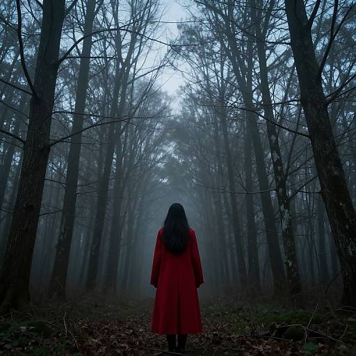 Photograph of a woman with long black hair wearing a red coat, standing in a foggy, barren forest with tall, leafless trees.