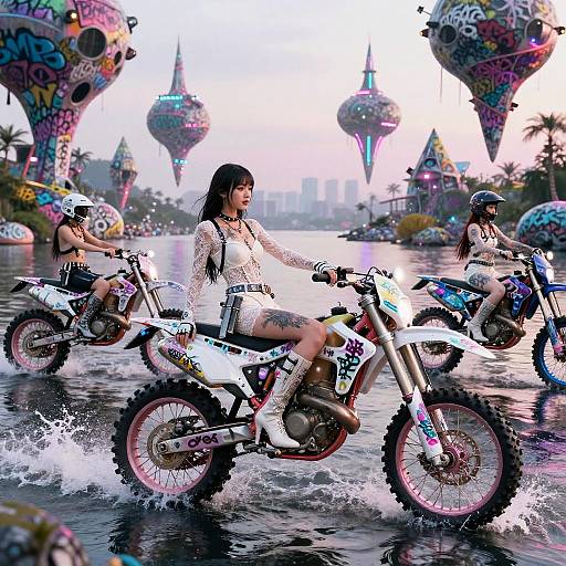 Futuristic Asian Motorcycle Gang on Graffiti Bikes