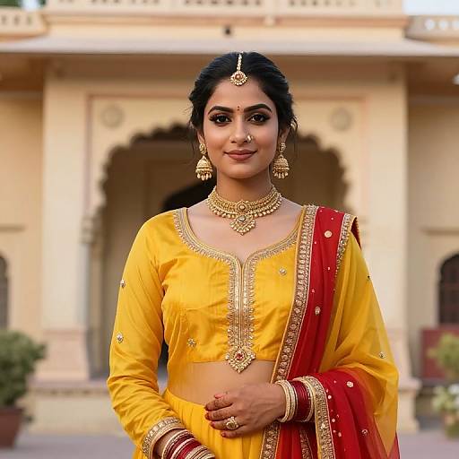 Photograph of an Indian woman in a yellow and red traditional lehenga, adorned with gold jewelry, standing in front of a beige, archway building