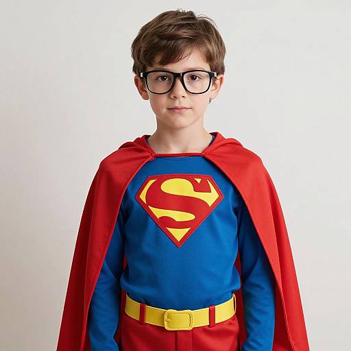 Photograph of a young boy with brown hair and glasses, wearing a red cape, blue Superman shirt with yellow 