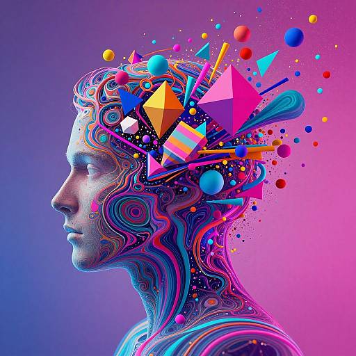 Digital artwork of a side profile human head filled with vibrant, colorful geometric shapes and swirls on a pink-purple gradient background.