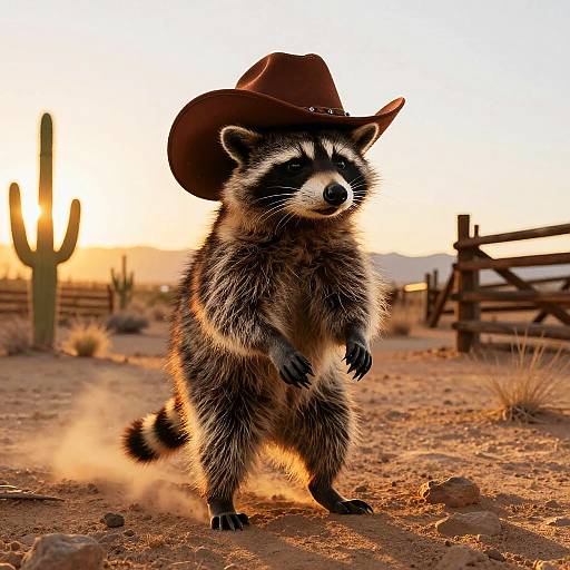 Photograph of a raccoon standing on its hind legs, wearing a brown cowboy hat, in a desert sunset with a cactus and wooden fence in