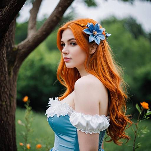 Red-haired woman in blue dress with flower accessory