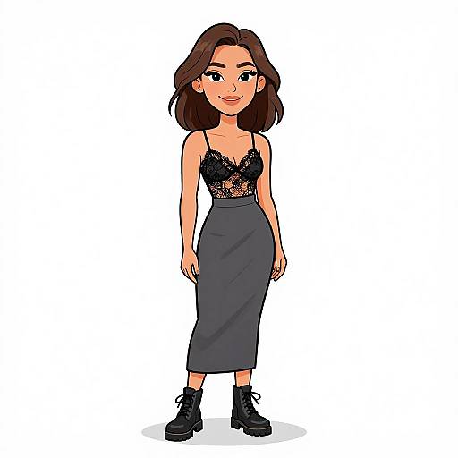Digital cartoon of a smiling woman with medium-length brown hair, wearing a black lace top and gray skirt, black lace-up boots.
