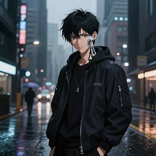 Cybernetic Anime Boy in Dystopian City