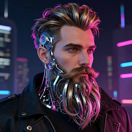 Cyberpunk portrait of a bearded man with a metallic, robotic beard and hair, neon-lit cityscape background, wearing a black leather jacket