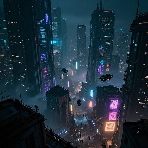 Cyberpunk cityscape at night, illuminated skyscrapers with neon lights, foggy streets, flying drones, and bustling crowds below, in a