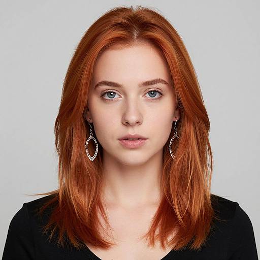 Photograph of a fair-skinned, red-haired woman with blue eyes, wearing black top and dangling silver earrings, against a plain white background.