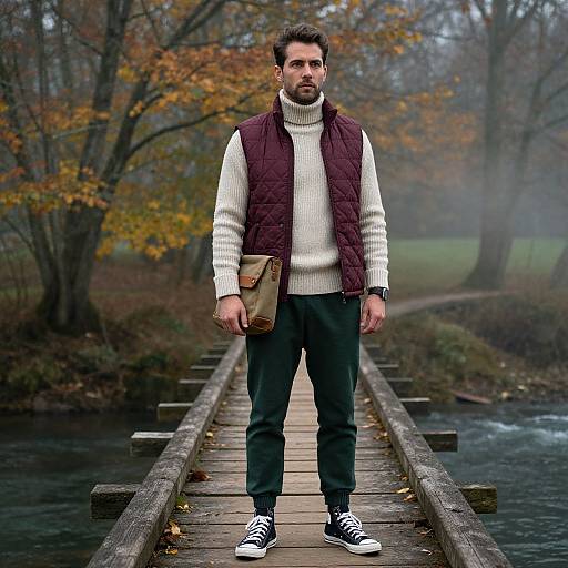 Man on Rustic Autumn Bridge