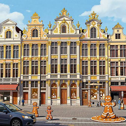 Colorful digital illustration of an ornate, yellow and white European building with intricate details, large windows, and three gingerbread man statues in the foreground