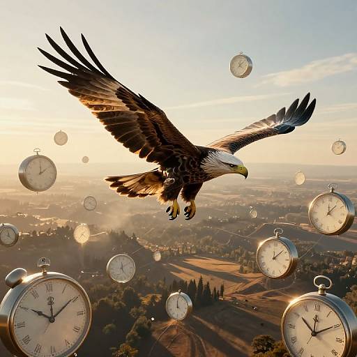 Photograph of a soaring bald eagle with outstretched wings, surrounded by floating pocket watches, set against a sunrise-lit rural landscape.