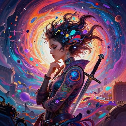Digital art of a mysterious woman with colorful, swirling hair holding a sword, set against a vibrant, cosmic cityscape. Neon colors and abstract patterns dominate