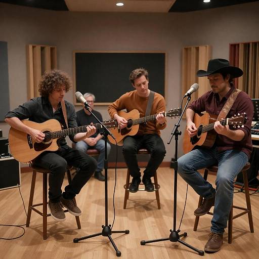 Men Playing Acoustic Guitars in Recording Studio