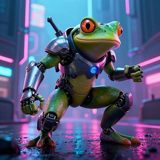CGI image of a green, robotic frog with large red eyes, wearing metallic armor, crouching in a neon-lit, cyberpunk city