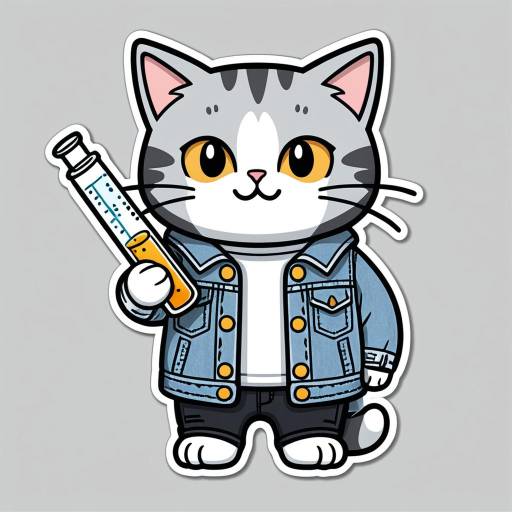 Kawaii Cat in Denim Jacket with Test Tube Sticker