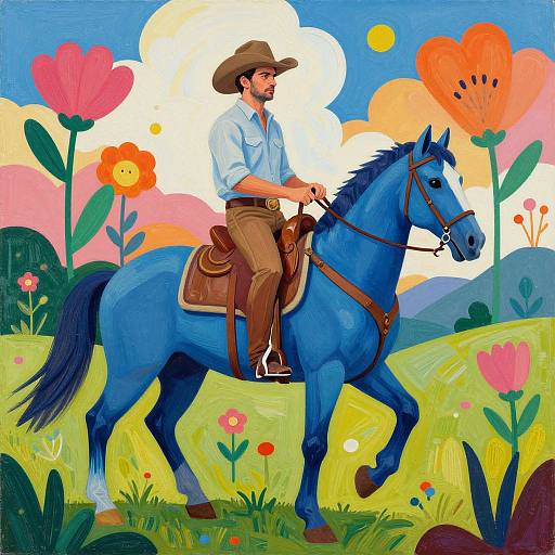 Vibrant digital illustration of a bearded cowboy in brown attire and hat, riding a blue horse through a colorful, flower-filled meadow.
