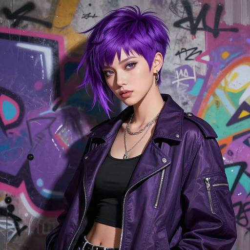 Digital artwork of a punk-style woman with purple hair, black crop top, purple leather jacket, and silver chains, standing in a graffiti-covered urban wall