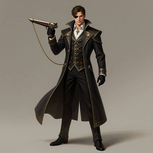 Photograph of a suave, dark-haired man in a black, ornate Victorian-style coat, white shirt, black gloves, and holding a silver