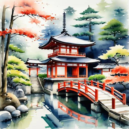 Traditional Japanese Watercolor Shinto Shrine