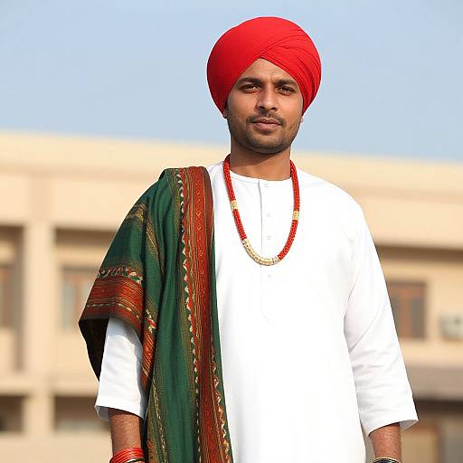 Photograph of a South Asian man with a red turban, white kurta, green and red shawl, beaded necklace, smiling, standing
