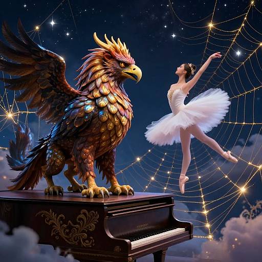 Digital artwork of a fiery griffin on a piano, facing a dancing ballerina in a white tutu, against a starry night sky with