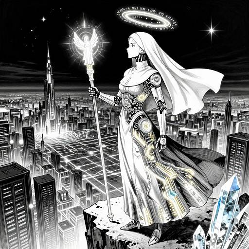 Digital illustration of a white-robed, angelic figure with a halo, holding a glowing staff over a black-and-white cityscape. She stands on
