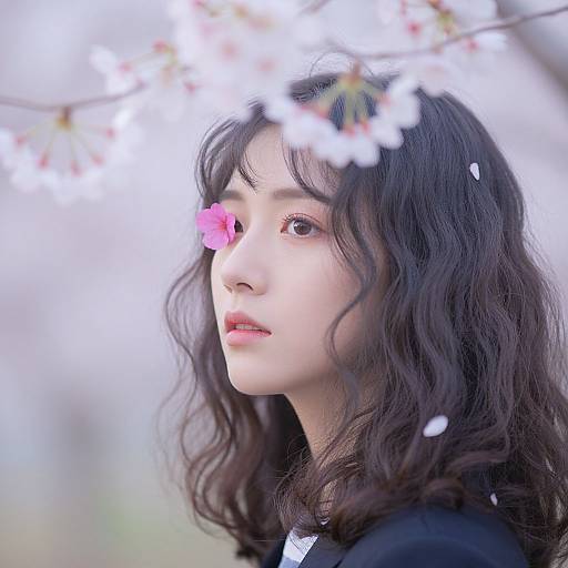 Photograph of an Asian woman with wavy black hair, pink flower petal on cheek, soft pink lips, black top, blurred cherry blossoms